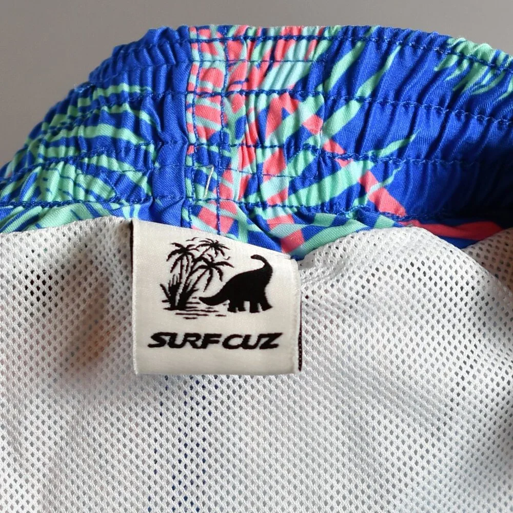 Surfcuz Blue/Pink Leaf Print Swim Trunks Lined - Size XXL